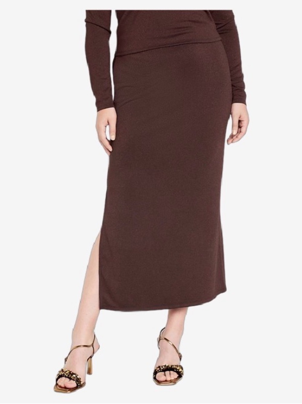 High-Waisted Rib-Knit Shine Maxi Skirt
